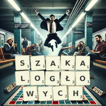 Kreatywna ilustracja do gry w Scrabble ze słowem SZAKALOGŁOWYCH ułożonym z płytek na planszy.