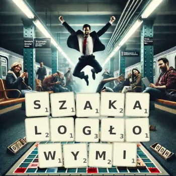 Kreatywna ilustracja do gry w Scrabble ze słowem SZAKALOGŁOWYMI ułożonym z płytek na planszy.