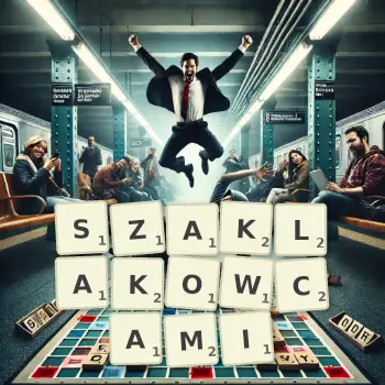 Kreatywna ilustracja do gry w Scrabble ze słowem SZAKLAKOWCAMI ułożonym z płytek na planszy.