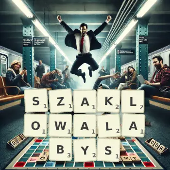 Kreatywna ilustracja do gry w Scrabble ze słowem SZAKLOWALABYS ułożonym z płytek na planszy.