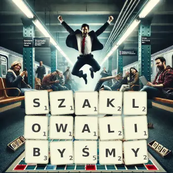 Kreatywna ilustracja do gry w Scrabble ze słowem SZAKLOWALIBYŚMY ułożonym z płytek na planszy.