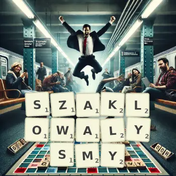 Kreatywna ilustracja do gry w Scrabble ze słowem SZAKLOWALYSMY ułożonym z płytek na planszy.