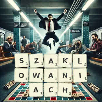 Kreatywna ilustracja do gry w Scrabble ze słowem SZAKLOWANIACH ułożonym z płytek na planszy.
