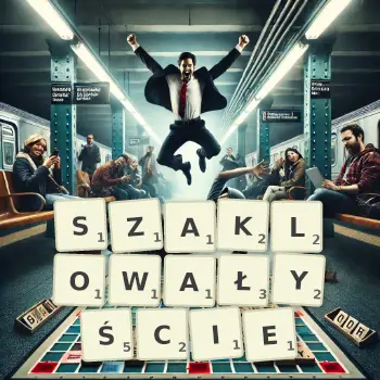 Kreatywna ilustracja do gry w Scrabble ze słowem SZAKLOWAŁYŚCIE ułożonym z płytek na planszy.