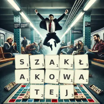 Kreatywna ilustracja do gry w Scrabble ze słowem SZAKŁAKOWATEJ ułożonym z płytek na planszy.