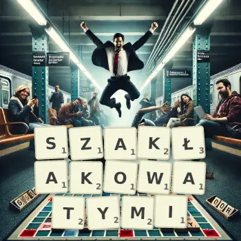 Kreatywna ilustracja do gry w Scrabble ze słowem SZAKŁAKOWATYMI ułożonym z płytek na planszy.