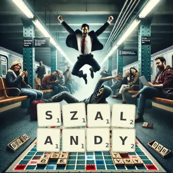 Kreatywna ilustracja do gry w Scrabble ze słowem SZALANDY ułożonym z płytek na planszy.