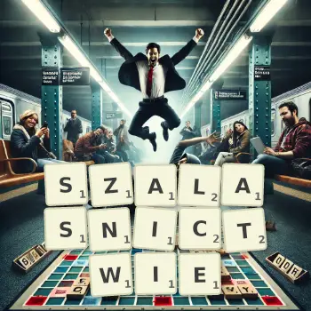 Kreatywna ilustracja do gry w Scrabble ze słowem SZALASNICTWIE ułożonym z płytek na planszy.
