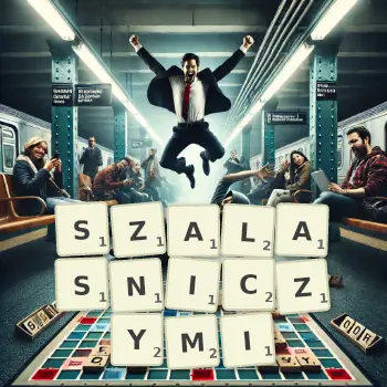 Kreatywna ilustracja do gry w Scrabble ze słowem SZALASNICZYMI ułożonym z płytek na planszy.