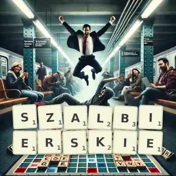 Kreatywna ilustracja do gry w Scrabble ze słowem SZALBIERSKIE ułożonym z płytek na planszy.
