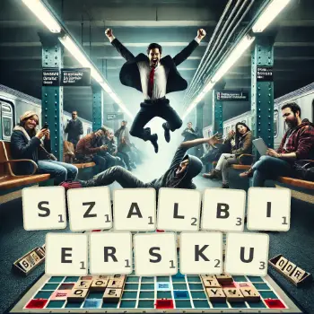Kreatywna ilustracja do gry w Scrabble ze słowem SZALBIERSKU ułożonym z płytek na planszy.