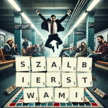 Kreatywna ilustracja do gry w Scrabble ze słowem SZALBIERSTWAMI ułożonym z płytek na planszy.