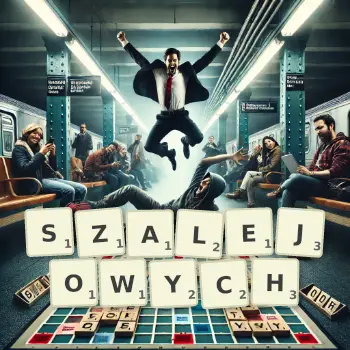 Kreatywna ilustracja do gry w Scrabble ze słowem SZALEJOWYCH ułożonym z płytek na planszy.