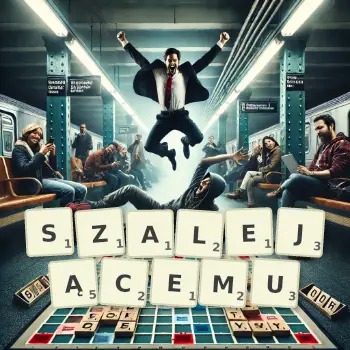 Kreatywna ilustracja do gry w Scrabble ze słowem SZALEJĄCEMU ułożonym z płytek na planszy.