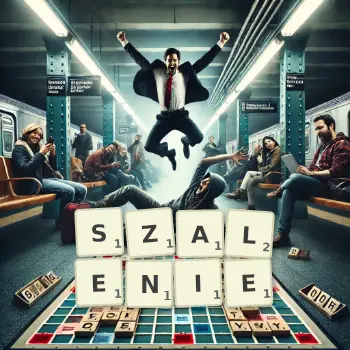 Kreatywna ilustracja do gry w Scrabble ze słowem SZALENIE ułożonym z płytek na planszy.