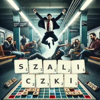 Kreatywna ilustracja do gry w Scrabble ze słowem SZALICZKI ułożonym z płytek na planszy.