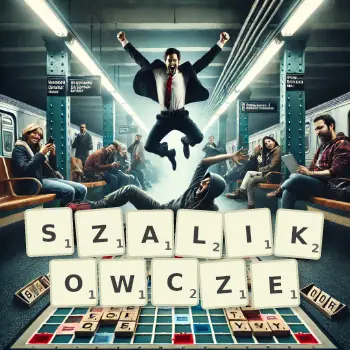 Kreatywna ilustracja do gry w Scrabble ze słowem SZALIKOWCZE ułożonym z płytek na planszy.