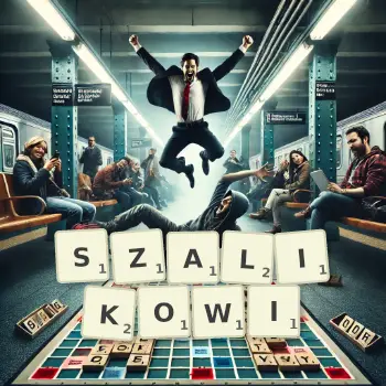 Kreatywna ilustracja do gry w Scrabble ze słowem SZALIKOWI ułożonym z płytek na planszy.