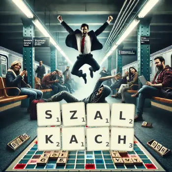 Kreatywna ilustracja do gry w Scrabble ze słowem SZALKACH ułożonym z płytek na planszy.