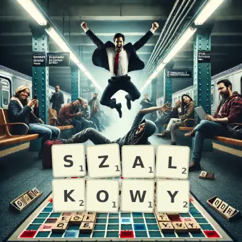 Kreatywna ilustracja do gry w Scrabble ze słowem SZALKOWY ułożonym z płytek na planszy.