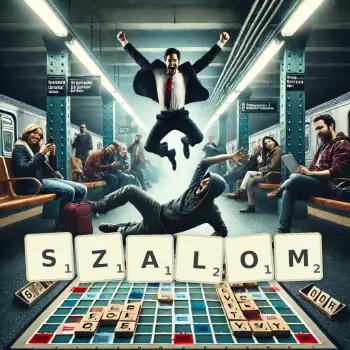 Kreatywna ilustracja do gry w Scrabble ze słowem SZALOM ułożonym z płytek na planszy.