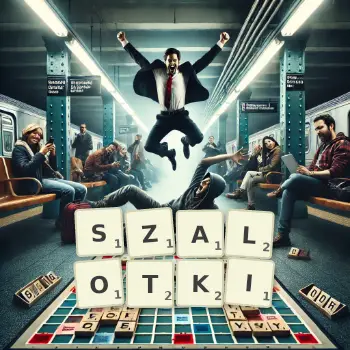 Kreatywna ilustracja do gry w Scrabble ze słowem SZALOTKI ułożonym z płytek na planszy.