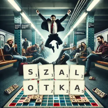 Kreatywna ilustracja do gry w Scrabble ze słowem SZALOTKĄ ułożonym z płytek na planszy.