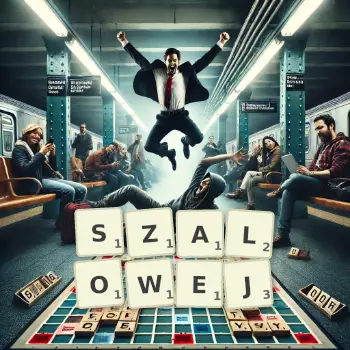 Kreatywna ilustracja do gry w Scrabble ze słowem SZALOWEJ ułożonym z płytek na planszy.