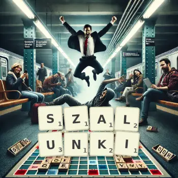 Kreatywna ilustracja do gry w Scrabble ze słowem SZALUNKI ułożonym z płytek na planszy.