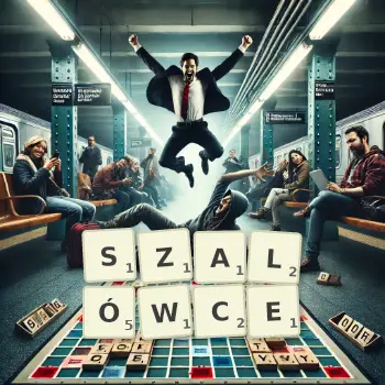 Kreatywna ilustracja do gry w Scrabble ze słowem SZALÓWCE ułożonym z płytek na planszy.