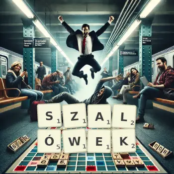 Kreatywna ilustracja do gry w Scrabble ze słowem SZALÓWEK ułożonym z płytek na planszy.