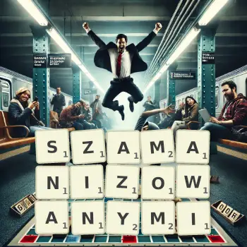 Kreatywna ilustracja do gry w Scrabble ze słowem SZAMANIZOWANYMI ułożonym z płytek na planszy.