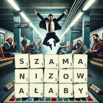 Kreatywna ilustracja do gry w Scrabble ze słowem SZAMANIZOWAŁABY ułożonym z płytek na planszy.