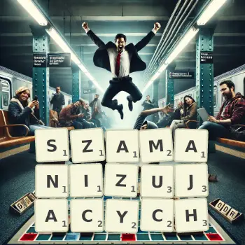 Kreatywna ilustracja do gry w Scrabble ze słowem SZAMANIZUJACYCH ułożonym z płytek na planszy.