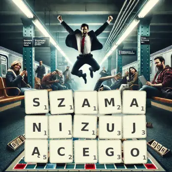 Kreatywna ilustracja do gry w Scrabble ze słowem SZAMANIZUJĄCEGO ułożonym z płytek na planszy.