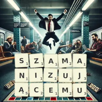 Kreatywna ilustracja do gry w Scrabble ze słowem SZAMANIZUJĄCEMU ułożonym z płytek na planszy.