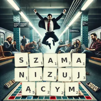 Kreatywna ilustracja do gry w Scrabble ze słowem SZAMANIZUJĄCYM ułożonym z płytek na planszy.