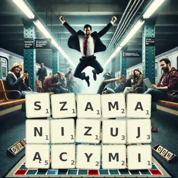 Kreatywna ilustracja do gry w Scrabble ze słowem SZAMANIZUJĄCYMI ułożonym z płytek na planszy.