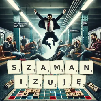 Kreatywna ilustracja do gry w Scrabble ze słowem SZAMANIZUJĘ ułożonym z płytek na planszy.