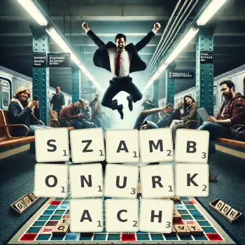 Kreatywna ilustracja do gry w Scrabble ze słowem SZAMBONURKACH ułożonym z płytek na planszy.