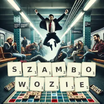 Kreatywna ilustracja do gry w Scrabble ze słowem SZAMBOWOZIE ułożonym z płytek na planszy.