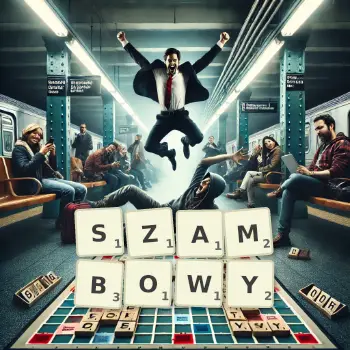Kreatywna ilustracja do gry w Scrabble ze słowem SZAMBOWY ułożonym z płytek na planszy.