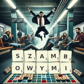 Kreatywna ilustracja do gry w Scrabble ze słowem SZAMBOWYMI ułożonym z płytek na planszy.