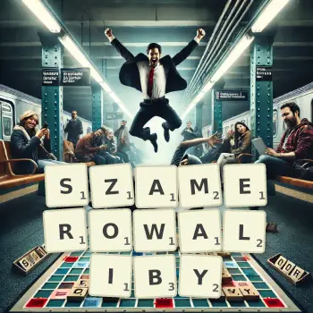 Kreatywna ilustracja do gry w Scrabble ze słowem SZAMEROWALIBY ułożonym z płytek na planszy.