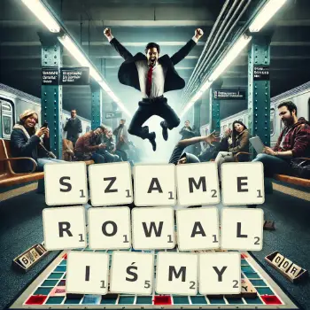 Kreatywna ilustracja do gry w Scrabble ze słowem SZAMEROWALIŚMY ułożonym z płytek na planszy.