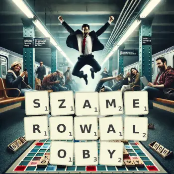 Kreatywna ilustracja do gry w Scrabble ze słowem SZAMEROWALOBY ułożonym z płytek na planszy.