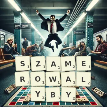 Kreatywna ilustracja do gry w Scrabble ze słowem SZAMEROWALYBY ułożonym z płytek na planszy.