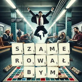 Kreatywna ilustracja do gry w Scrabble ze słowem SZAMEROWAŁBYM ułożonym z płytek na planszy.