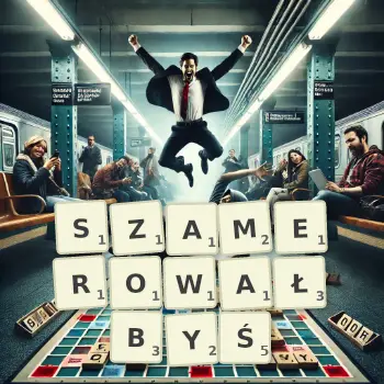 Kreatywna ilustracja do gry w Scrabble ze słowem SZAMEROWAŁBYŚ ułożonym z płytek na planszy.