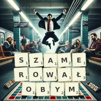 Kreatywna ilustracja do gry w Scrabble ze słowem SZAMEROWAŁOBYM ułożonym z płytek na planszy.